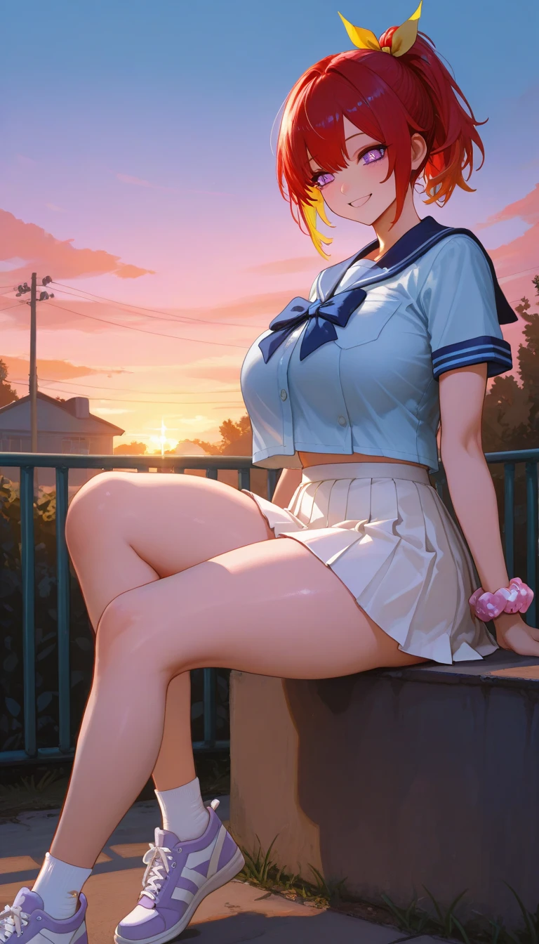 Pubic hair grows、Smile full of happiness、((Transparent panties:1.3))、Almost completely naked、Panting face、Lacking、Sweating、Expression in a state of excitement、short-hair、eye glass, 19Year old woman, masterpiece, Realistic, hightquality,1girl in, Extremely cute, NSFW、(8K、Raw photography、top-quality、masterpiece:1.2)、(realisitic、Photorealsitic:1.37)、1 beautiful Japan schoolgirl、perfect bodies、full body Esbian、18year old、Medium Boob、(Photographing the subject from below)、(((underboob)))、Lower breast、Earrings 1.5、skinny、、(((underboob)))、top-quality, masutepiece, hi-school girl, Generates a scene of beautiful girl in high school uniform sitting with her legs open on the sandy beach at sunset. She wears a white blouse and pleated skirt, Beautiful orange hair with medium bob hair. Her facial expression is captivating, sunset sky in background. Make this scene feel like it was shot from below.., plump big breasts, Sitting with legs open, showing panties, panties focus, white panties,