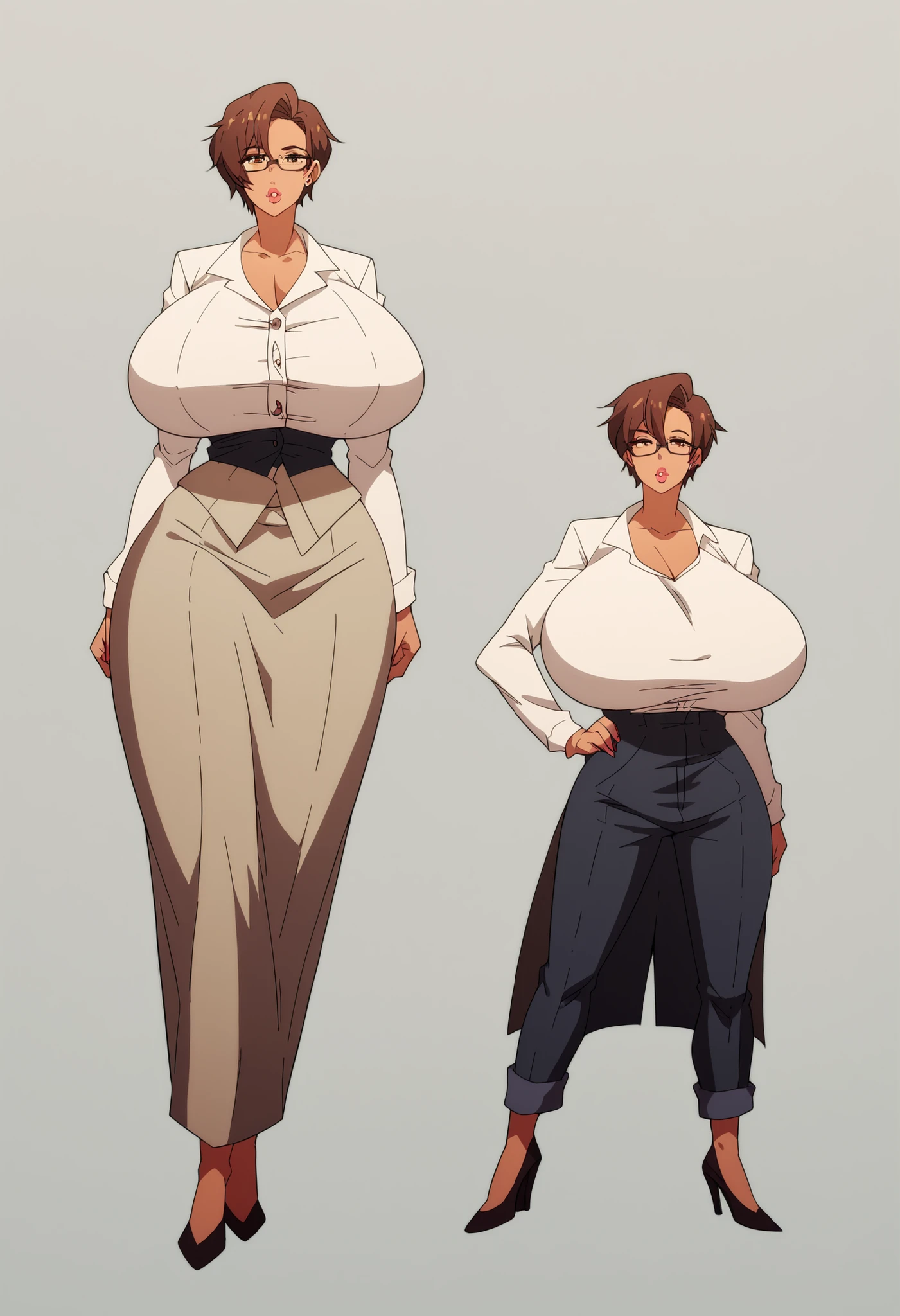 Character sheet, seductive face, Big fake lips, score_9, score_8_up, score_7_up, score_6_up,(masterpiece, best quality, high detailed, 8k, 32k, uhd:1.2),Cowboy shot,fine features,(materpiece), highres, realistic,scenery, full body, Anatomically correct Milf, full body, Anatomically correct, Italian woman, high cheekbones, up turned nose, slim thick, short pixie cut hair, middle-parted, black pixie cut, rectangular glasses, big plump lips, glossy lips, tall, curvaceous, wide hips, massive breasts, huge ass, milf, white lab coat, V-neck top, pants, brunette, porcelain skin, fully clothed, HyperSag, huge breasts, gigantic breasts, modeling, lips bimbo,score_9, score_8_up, score_7_up, score_6_up, score_5_up, score_4_up, 1 woman, (huge breasts: 1.4), {{{Masterpiece}}, {{{Hyper Detailed}}}, {{{best quality}}},score_9, score_8_up, score_7_up, score_6_up, score_5_up, score_4_up, 1 woman, (huge breasts: 1.4), {{{Masterpiece}}, {{{Hyper Detailed}}}, {{{best quality}}}, office background, #Anime #Style, facing forward towards viewer, nagatiti, low angle