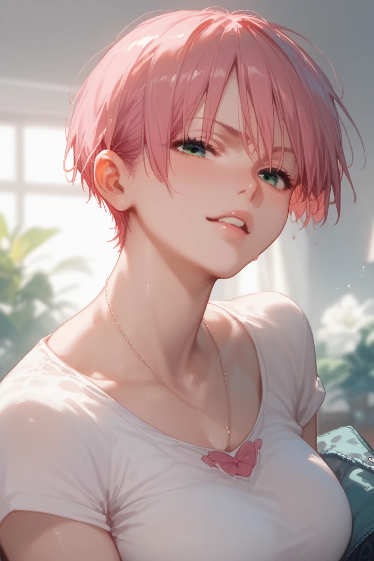 Absurdres, intricate details, masterpiece, best quality, ultra high res, 8k, close-up of face, 1boy, male, white blouse shirt, black socks, skinny, slender, white shiny skin, light smile, big pink eyes, eye reflections, short pink hair, outdoor, (battle), (magic), full body