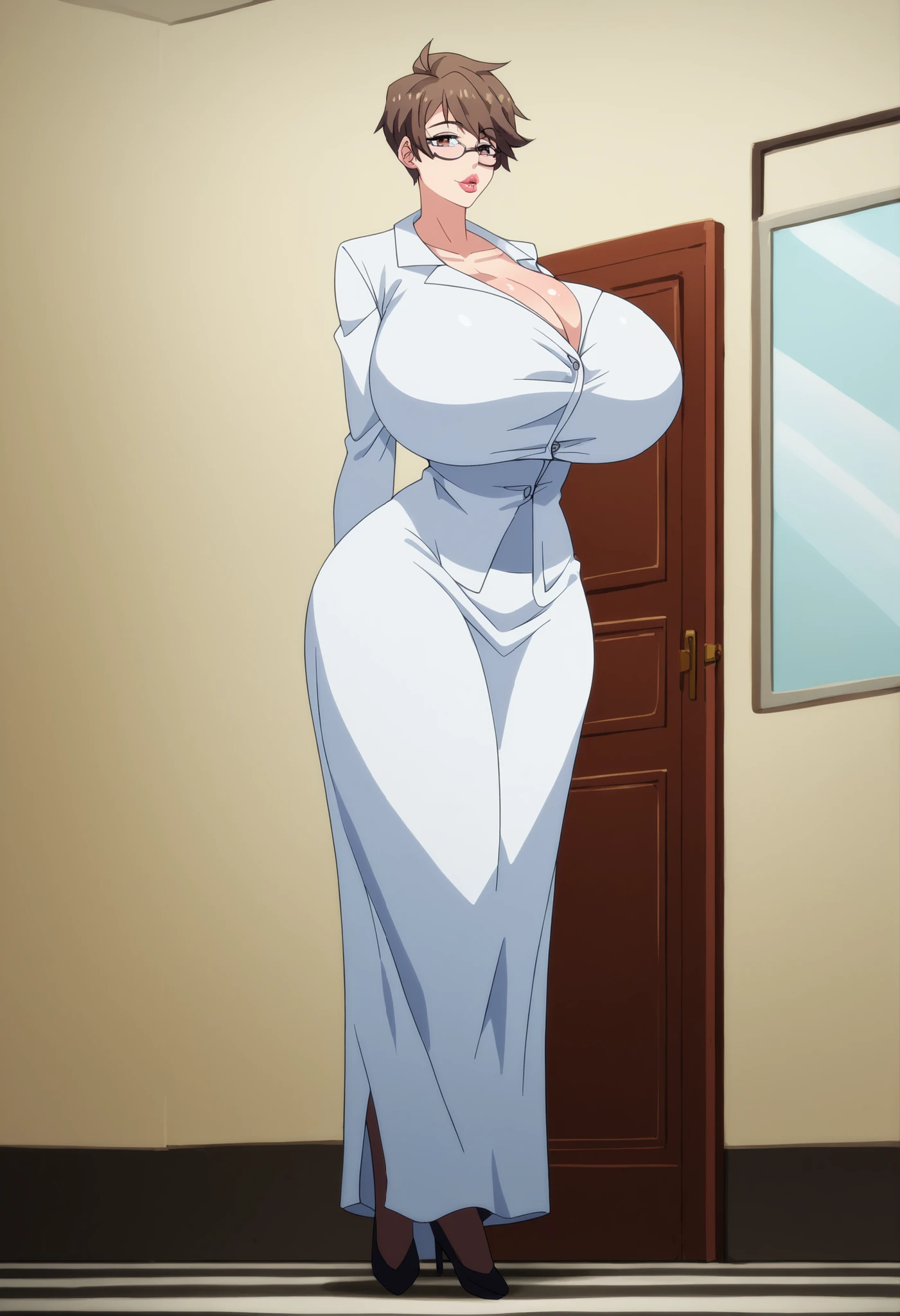 seductive face, Big fake lips, score_9, score_8_up, score_7_up, score_6_up,(masterpiece, best quality, high detailed, 8k, 32k, uhd:1.2),Cowboy shot,fine features,(materpiece), highres, realistic,scenery, full body, Anatomically correct Milf, full body, Anatomically correct, Italian woman, high cheekbones, up turned nose, slim thick, short pixie cut hair, middle-parted, black pixie cut, rectangular glasses, big plump lips, glossy lips, tall, curvaceous, wide hips, massive breasts, huge ass, milf, white lab coat, V-neck top, pants, brunette, porcelain skin, fully clothed, HyperSag, huge breasts, gigantic breasts, modeling, lips bimbo,score_9, score_8_up, score_7_up, score_6_up, score_5_up, score_4_up, 1 woman, (huge breasts: 1.4), {{{Masterpiece}}, {{{Hyper Detailed}}}, {{{best quality}}},score_9, score_8_up, score_7_up, score_6_up, score_5_up, score_4_up, 1 woman, (huge breasts: 1.4), {{{Masterpiece}}, {{{Hyper Detailed}}}, {{{best quality}}}, office background, #Anime #Style, facing forward towards viewer, nagatiti, low angle 