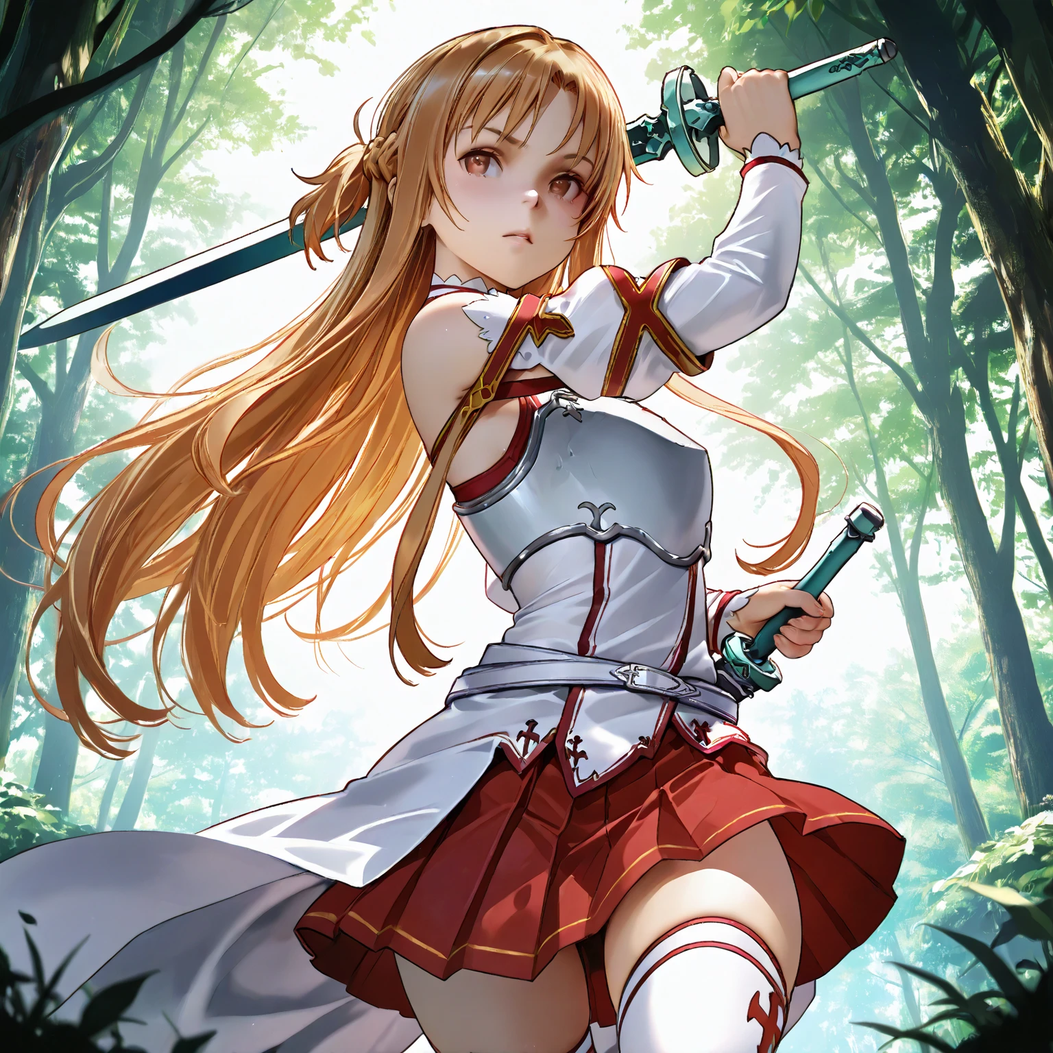 masterpiece, Top quality , , 1 girl, arms, sword, solitary, length_hair, Chest当て,White_panties, Ventral_Tattoo, Brown_hair, Weaving, Knee socks,Brown_Eye, skirt,White_skirt, Black_Knee socks, Red_skirt, Separation_Lips, 前hair, Chest, skirt, cowboy_shooting,