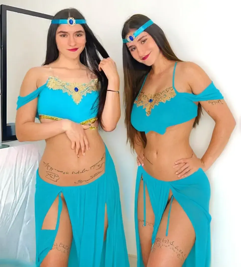 18 year old Pakistani young girl and her sister with braided long hair and little hats, dressed as servants, sexually exposed, stretched open ass, fully visible anus, asshole and nipples, focus on anus.