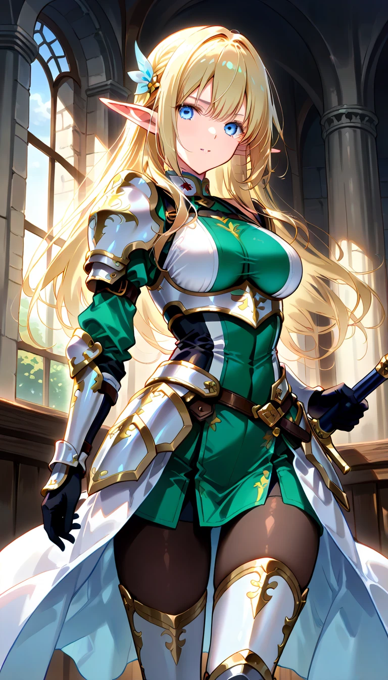 Very detailed、highest quality、Best image quality、masterpiece、8k、Anime Face、A kind smile、Open your mouth、Sparkling blue eyes、(Blonde wavy hair:1.5)、、Muscles of the whole body、camisole、Thigh belt、mini skirt、(Wearing green bikini armor:1.5)、(Cowboy Shot:1.5)、(Leg armor:1.5)、(Wearing a helmet:1.5)