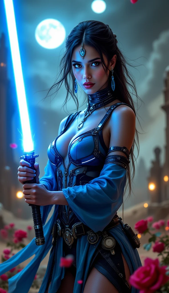 detailed beautiful woman, dark long hair, pale white skin, star wars jedi, glowing blue lightsaber, ultra detailed face, extremely detailed eyes, cinematic lighting, dramatic atmosphere, intricate costume design, flowing fabric, dynamic pose, photorealistic, 8k, cinematic, dramatic lighting, chiaroscuro, vibrant colors