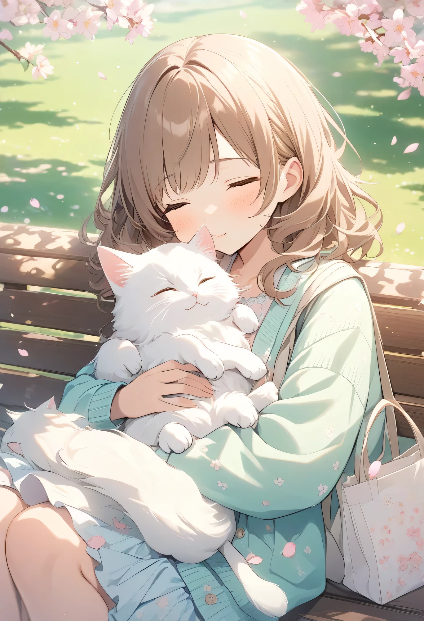 Best Quality、high resolution、high image quality、masterpiece、detailed background、Soft brown hair 、In the warm spring sun、Sleepy girl holding a cat on a park bench、A fluffy white cat curled up with her soba, take a comfortable nap together、cherry blossom petals dancing in the wind, creating a gentle spring atmosphere、gentle and dreamy spring afternoon scene、light pastel colored dress、Light, Mint green spring-like cardigan、small flower pattern handkerchief、natural material tote bag、cute