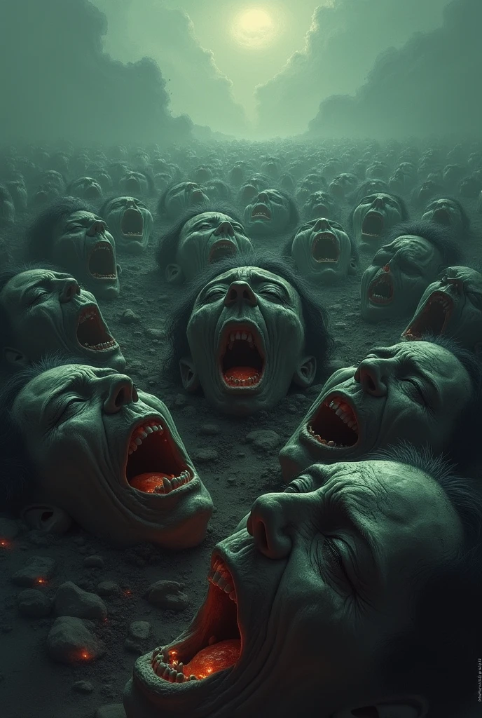 a world made of nightmares where the sky is covered in screaming faces and the ground is full of human teeth and blood art style is surreal