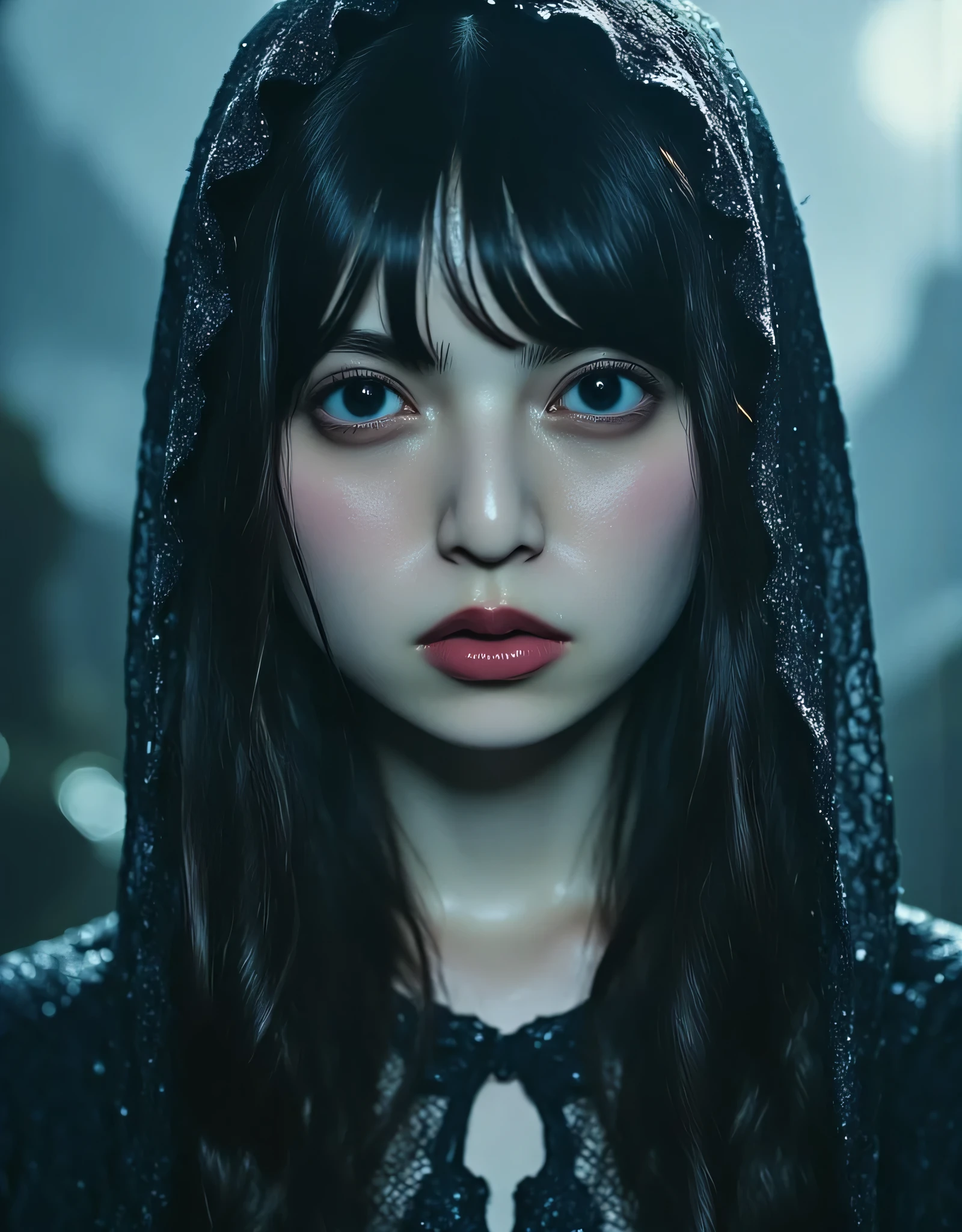 (((On the top floor of the Dark Castle:2.0))),((Night sky with constellations:2.0)),(((Dark horror atmosphere with a gothic feel:2.0))),(((grab the breast with both hands:2.0))),standing,(((I don't wear bras:2.0))),One female ghost,((super cute face:2.0)),(Beautiful well-balanced face :2.0),((long hair with bangs:2.0)),(black hair:1.5),(Beautiful Eyes:1.5),glamorous shot of a 20-year-old Japanese woman, Slender Beautiful Body ,((model body type:2.0)),((slim body:1.7)),Perfect Body Line,ideal proportions,((big breasts outdoors at night:2.0)),((スリーサイズ90-58-86:2.0)),((G-cup breasts:2.0)), popup,((((Underboob:2.0)))),Bare thighs,Sensual Thighs,delicate body,(succulent:1.7),natural posture,((Realistic breast depiction :2.0)),carefully depict limbs based on perfect anatomy,((King of Darkness style cloak:2.0)),((Perfect Naked:2.0)),((Long embroidered cloak with the front open on top of nudity:2.0)),(Black lipstick:2.0),((Wear a black lace short veil over your head:2.0)),((((Coarse mesh fishnet stockings:2.0)))),(((Copper crown:2.0))),concept art,(Best Quality:2.0),(masterpiece:2.0),((超high resolution:2.0)),high resolution,UHD,(Delicate Description), carefully drawn with butterfly wings ,32k,((realistic skin texture that shows through the whole body:1.5)),(((ultra-realistic:1.5))),carefully draw eyelashes,very detailed face,Highly detailed female hand, Sexy appearance ,very sensual,(Blurry Dim Backgrounds :1.5),Professional Photography,(movie lights:2.0),((Rembrandt-style lights:2.0)