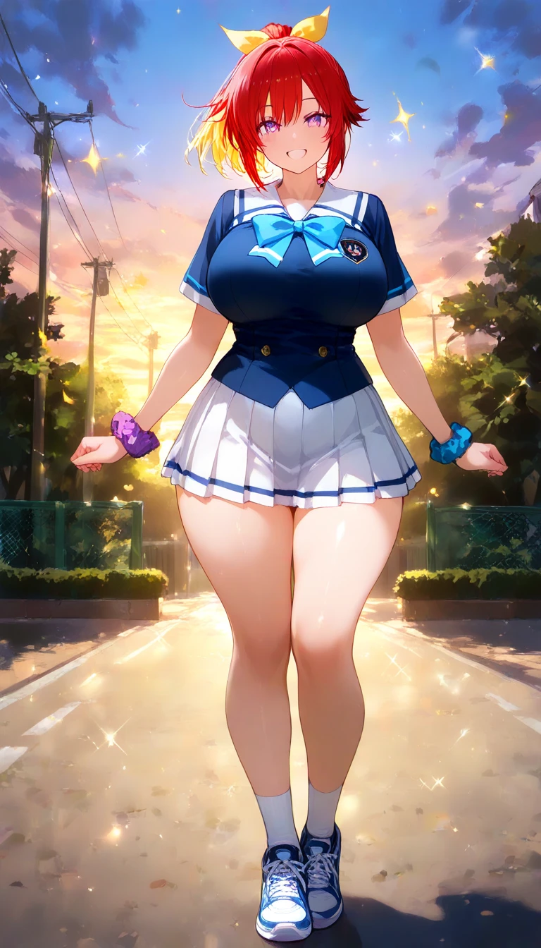 (Masterpiece:1.2), best quality, (illustration:1.2), (ultra-detailed), hyper details, (delicate detailed), (intricate details), (cinematic light), (best quality Backlights), clear line, (best illumination), (cinematic light), dynamic pose, high angle, beautiful girl, bright smile, (oversized breasts:1.2), loose crop top cheerleader outfit, pleated skirt, (blue sky:1.1), low angle view, fat belly, plump, fat, round belly.