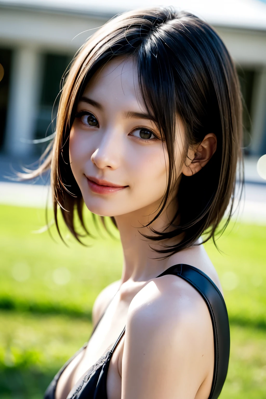 Highest quality, masterpiece, (Realistic: 1.4), One Woman, Golden Ratio, Perfect Face, Beautiful appearance, Pretty face, Face close-up, Short Bob, short hair, smile from Different Angles, smile, Gloss, highlight, Glossy on Skin, Glossy on Skin, Wet Skin, Wet, bangs, Cute smile, bust, Off the shoulder, Refreshing charm, Full of elegance, smile from perfect hand angle, smile, Gloss, highlight, Glossy skin, bangs, bust, big, 暖かいOff the shoulder, Refreshing charm, Ear clearing, Looking into the camera, Pose from different angles, {gigantic|big|huge|mega} breasts, cleavage
