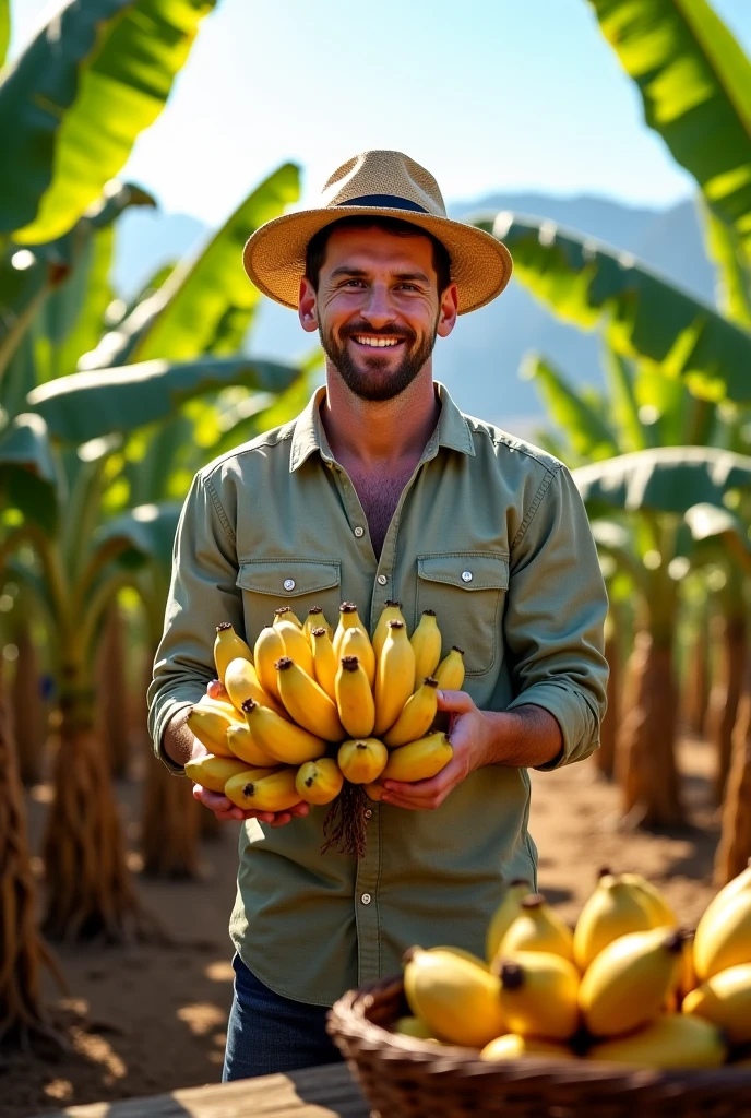 Young cute handsome white skinny face beautiful soft skin shirtless naked big penis picking banana with a basket hat 