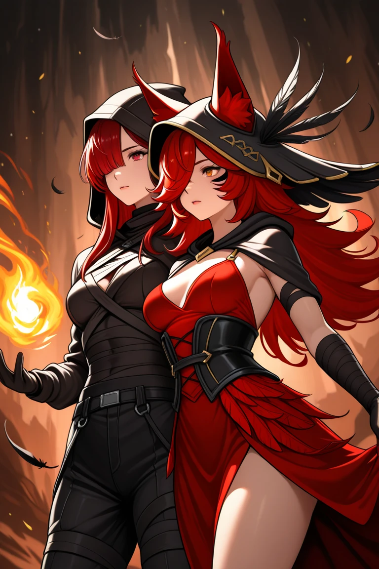 xayah, league of legends, absurdres, highres, 1boy, 1girl, animal ears, artist name, bangs, bird legs, cameltoe, facial mark, feathers, footjob, hair over one eye, hetero, hood, hood down, long hair, oniyanna, parted lips, penis, raised eyebrow, red hair, talons, uncensored, vambraces, yellow eyes, bird skull, blue capelet, cape, capelet, hair over shoulder, hooded capelet, cloak, hooden cloak, yellow eyes, red dress, dress