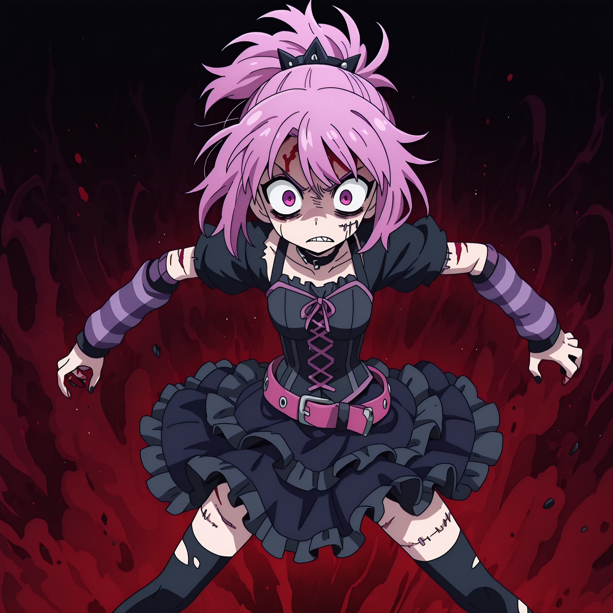 masterpiece, best quality, amazing quality, Anime Screencap. BREAK. 1girl, solo, short_hair, purple_hair, pink_hair, hair_ornament, ponytail, intense_expression, purple_eyes, scars, stitches, gothic, punk, black_dress, frilled_skirt, corset, belt, arm_warmers, thigh_highs, black_thigh_highs, torn_clothes, blood, dark_background, purple_lighting, dynamic_pose, anime_style, horror, fantasy