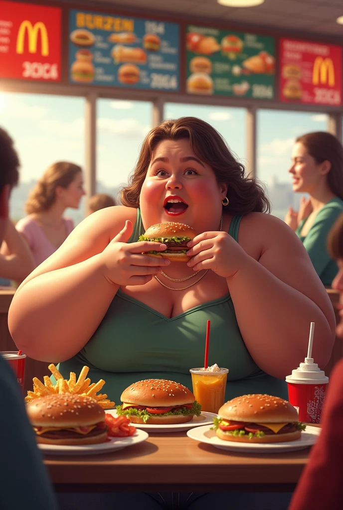criar uma imagem ultrarrealista de uma mulher gorda, dressed in pants and t-shirt, seios pequenos, fleeing and screaming desperately as several burgers fall from the skies, pizzas e doces gigantes