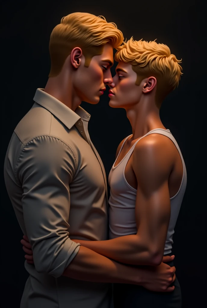 (masterpiece)
I draw two men, artwork.
Blond man with shoulder-length hair, Waves, light blonde, Fine hair, thin body, delicate, White skin, small waist, big buttocks, Shorts pajamas, cabello light blonde, blue eyes, long eyelashes, smile, smooth skin, shirtless, thin arms. Nostalgic face Taller long haired man redhead, White skin, Russian, strong, muscular, shirtless, denim jeans, Red eyes, Hugging your partner.