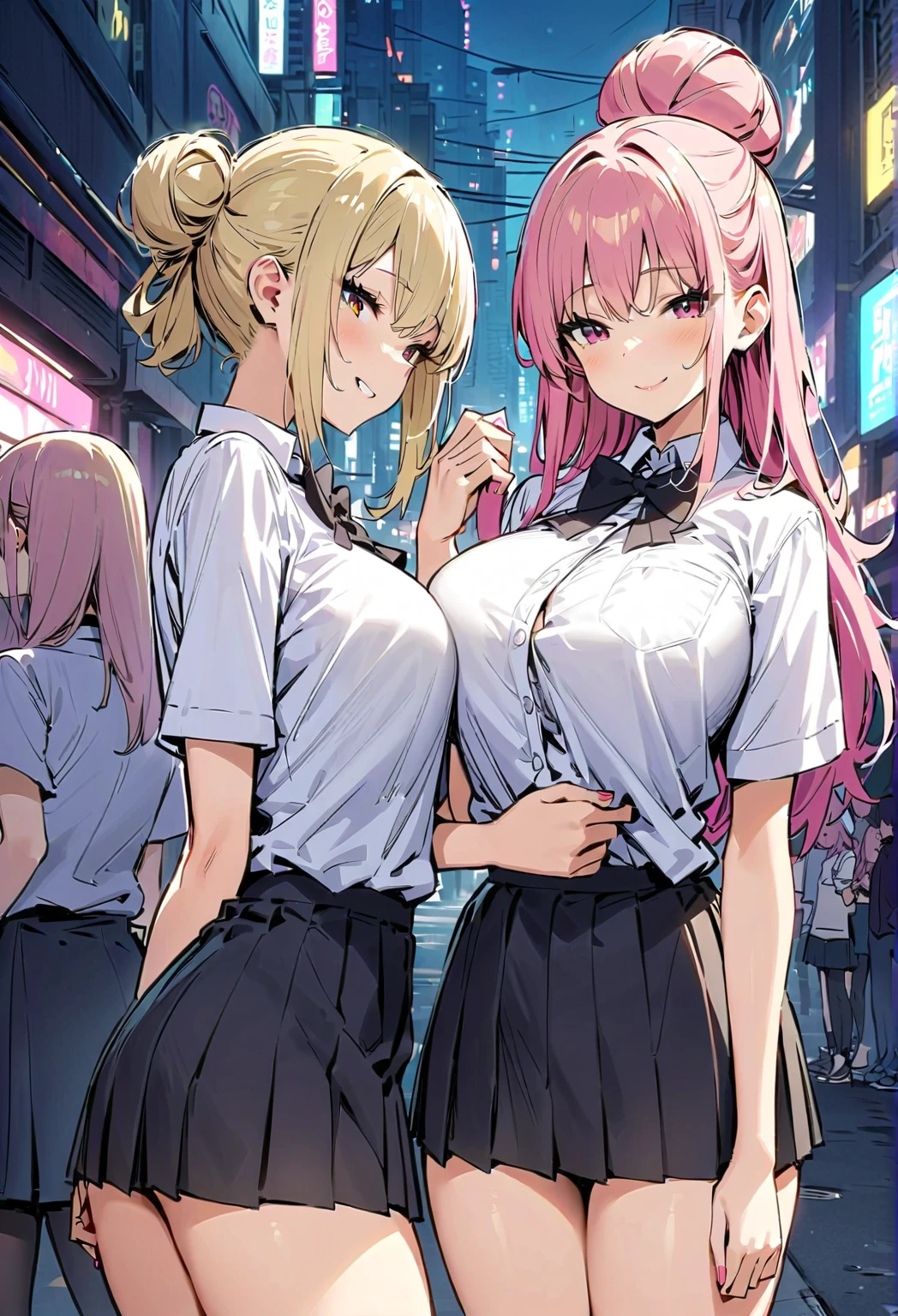 a cartoon of a woman in a pink skirt and white shirt, Oppai, Oppai proportions, (sfw) safe for work, thick, revealing clothing, cyberpunk oppai, touching her clothes, with big breasts, no pixiv, biomechanical Oppai, I'm going to make fanart too, Covered breasts and SFW, of dress