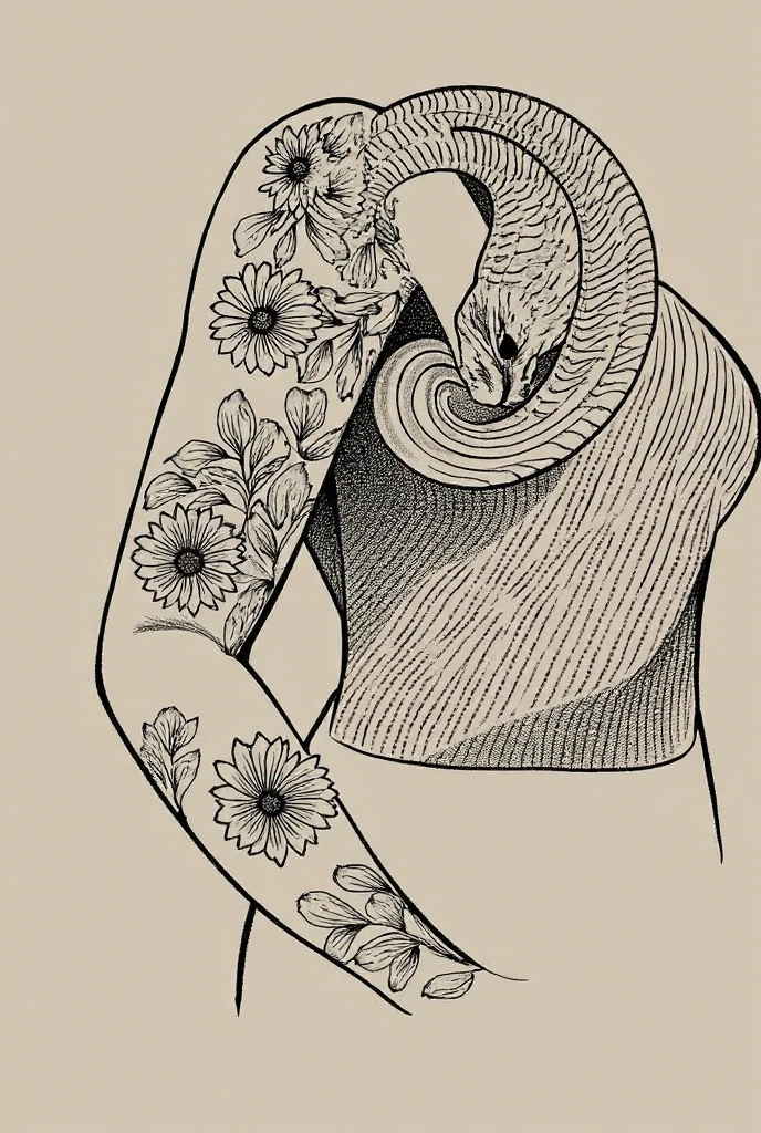 Sketch of a tattoo on a delicate thin female arm,from shoulder to elbow , dragon flower zodiac sign stars