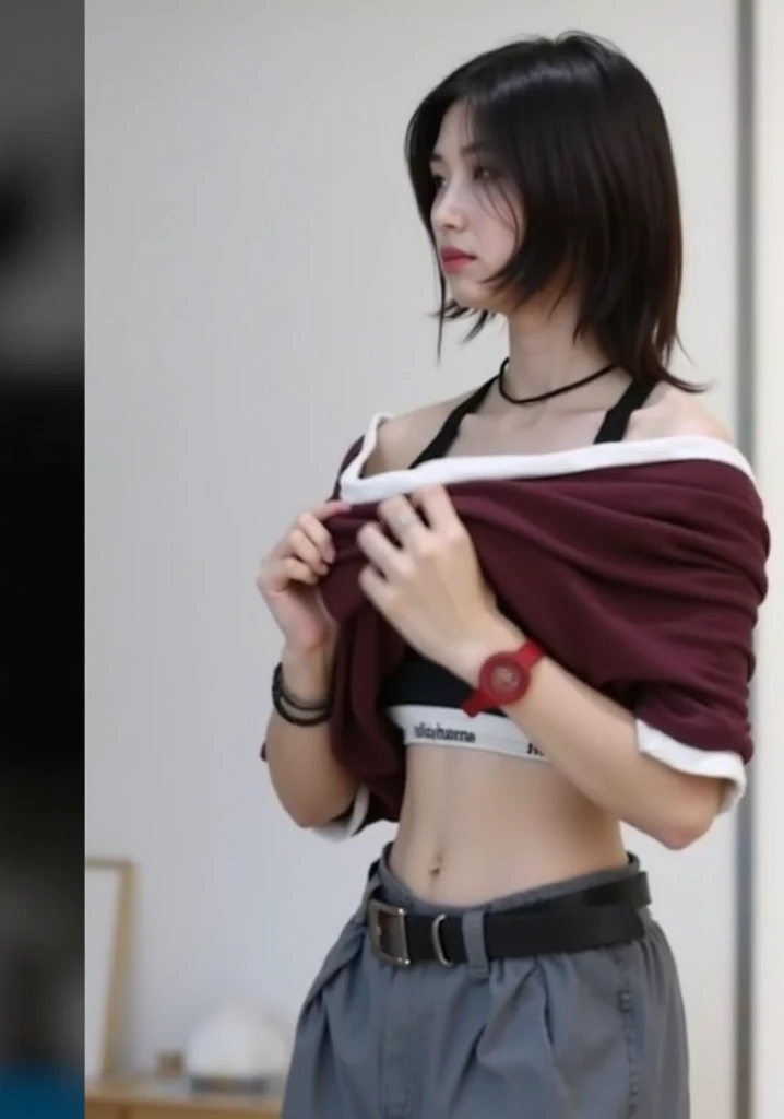 8K, Top Quality, Intricate Details, Ultra Detail, Ultra High Resolution, Masterpiece, random angle, mikasa ackerman,   Slender, Smile, (Makeup: 0.4), (Fluffy Blue Eyes: 1.21), blue Eyes,, ((full body)), 1girl, solo, 1 girl, (( full body)),  close-up shot,  , , ((tall)), (((fit body))), (((slim face))), sharp face, sharp eyes, (((black hair,  short hair, bangs ))  ,(detailed face), sharp face, small lips, thin lips, 
 ((red scarf, crop top, thigh strap)),  detailed face, detailed breast, , large breast, detail, , Beautiful girl with accentuated slender abs: 1.4, Six Pack Abs: 1.4, Bust Botox, Big, Perfect Body, detail leg, (( moonlight)), ocean