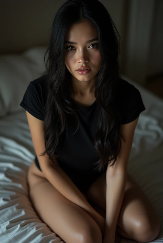 BDSM, (8k, RAW Photo, Best Quality, Masterpiece:1.3),(Real,Photo:1.37),(Black Hair),Pose,1girl,Very Beautiful Face,Cute,(Small),(Put Your Hands Down))),sexual excitement, seductive saggy eyes, Poggy Hairstyle,Random Expression,(White T-shirt),JK_style,(Track Shorts) ,Black Hair,(Age 19),Modest,Five Fingers,Normal Hands,Small Mouth,Straight Hair, thigh gap, camel toe