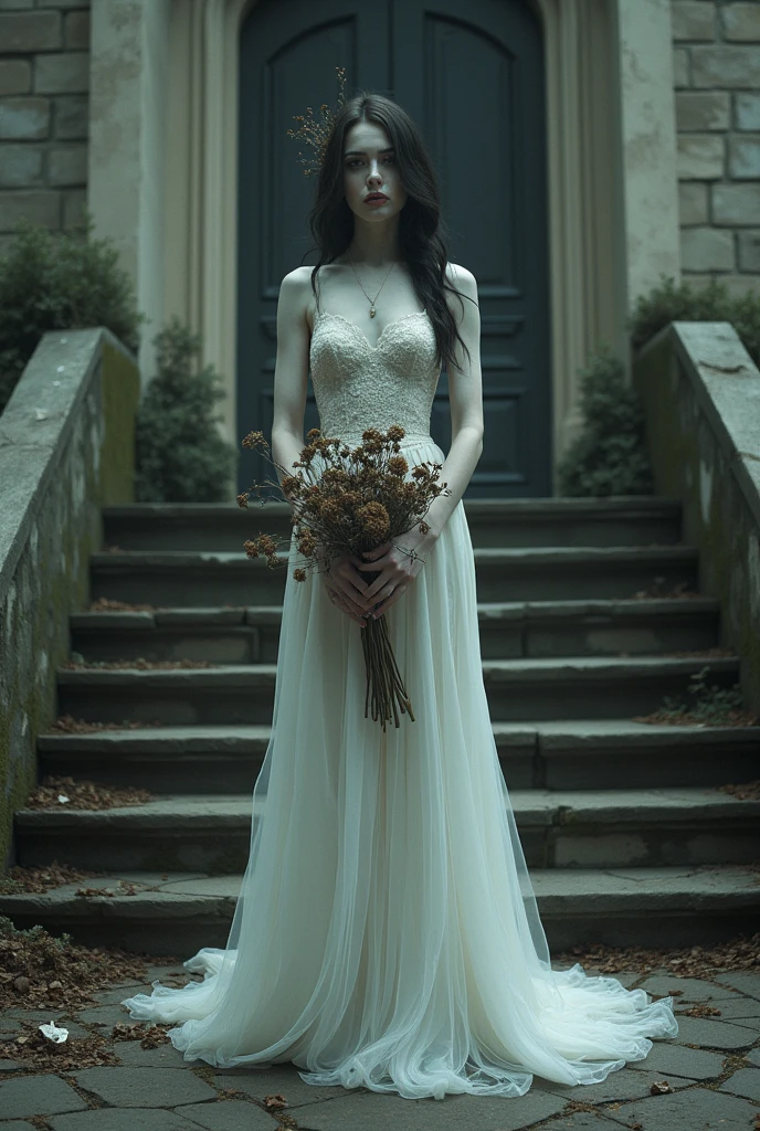 a woman in a wedding dress in a cemetery with a lot of dirt on her dress, vestido esfarrapado, ruffled and vestido esfarrapado, usando um vestido de noiva, vestido com um vestido, sujeira - pele manchada, roupa suja manchada, romantic gown, seu rosto enlameado e suor, vestido verde esfarrapado, usando deslumbrante vestido de marfim, vestido branco antigo