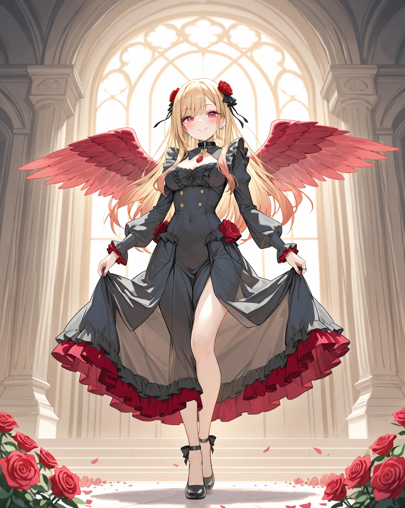masterpiece, top quality, super detailed, CG illustration, high resolution, better lighting, best shadows, very delicate and beautiful, proper shading, hd, 8k,1girl, solo, long hair, breasts, looking at viewer, smile, bangs, blonde hair, large breasts, hair ornament, dress, animal ears, cleavage, hair between eyes, closed mouth, standing, yellow eyes, ponytail, flower, short sleeves, wings, shoes, hair flower, black skirt, armpits, black footwear, black dress, arm up, animal ear fluff, clothing cutout, rose, cleavage cutout, standing on one leg, feathers, red flower, feathered wings, black wings, red rose