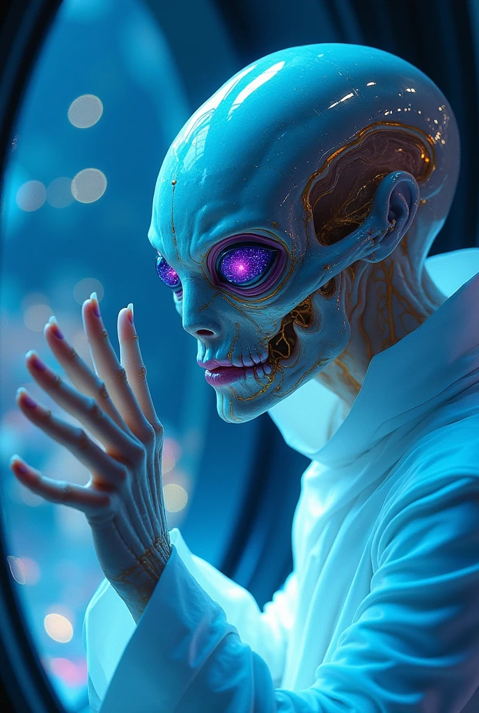 An alien, with albino and realistic skin, large head, short and thin neck, very large eyes and all black, which reflects the local lighting, a nose similar to that of humans but small, a mouth similar to that of humans but small, the body is thin and thin, the alien wears a white sleeve shirt with a letter made of small silver that appears to the right represented within a triangle of the same size, the clothing is inspired by the clothes used for surfing, the color to be used is red, pink chock and blue, as well as details of the environment, and manufactured with neoprene fabric, it is possible to notice a silver necklace hanging from his neck, with a pinjente in the triangular shape with an eye that sees everything in the center as a symbol. the alien is in a recording studio whose scenery is minimalist and features a gray background in gradient hue to circular white, the camera captures the image from the waist up, the alien presents friendly and light expressions, the alien interact with the camera always with a slight smile of satisfaction and tranquility, The skin used and all the elements are of extreme realism, especially the skins, the lighting is an illumination inspired by the 80s.