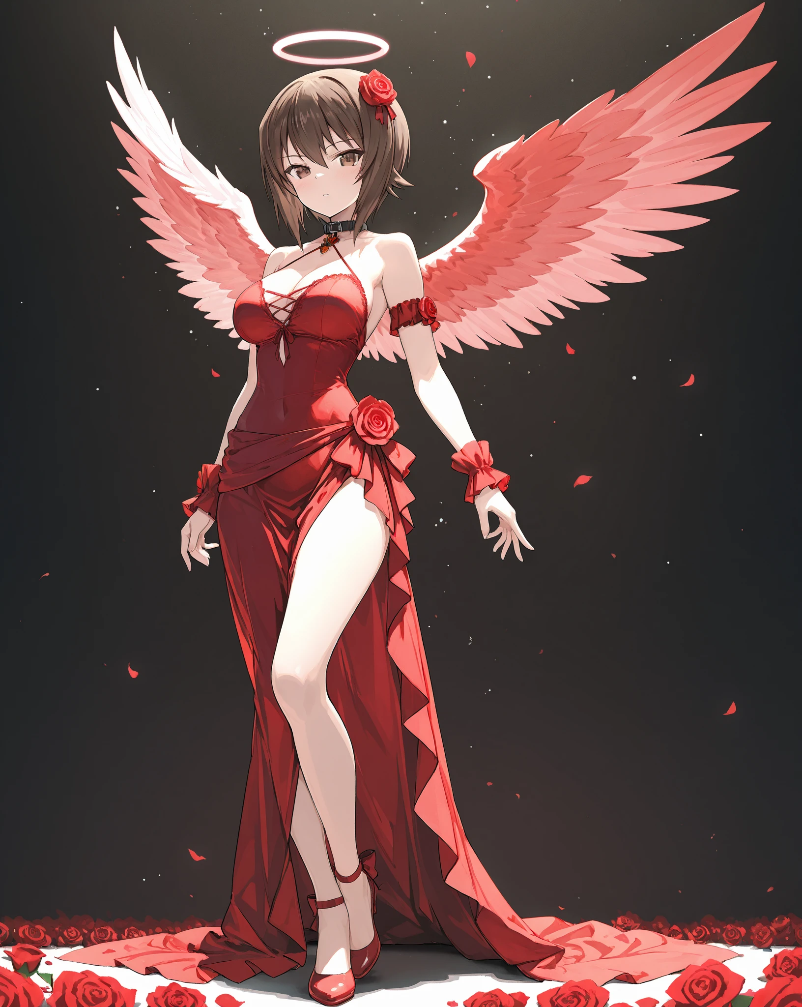  outfit consists of a red strapless ankle length dress, featuring a bow on the back and a slit along her left leg starting from her hip. A design depicting a colorful bird standing atop a cherry blossom branch is embroidered across the right leg, and the outfit is worn with brown tights, red stilettos, and long, red, satin evening gloves. SPARKLE; GLITTER