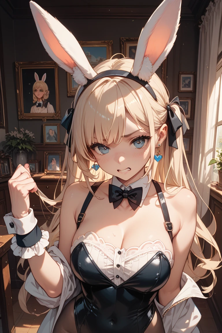 Anime drawing of a girl with long blonde hair, ((Rabbit Eared Girl)),blueprint,Distraught,Frame within a frame,