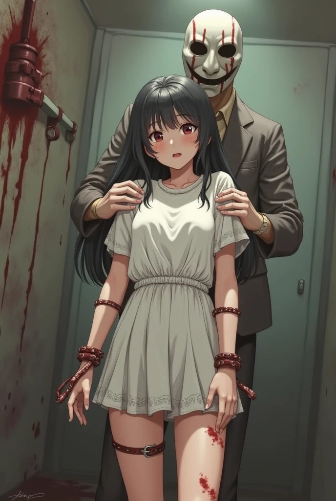 ((collar,leash,tied up,bondage,scared expression)),black hair,red eyes,shorts,top-tank
