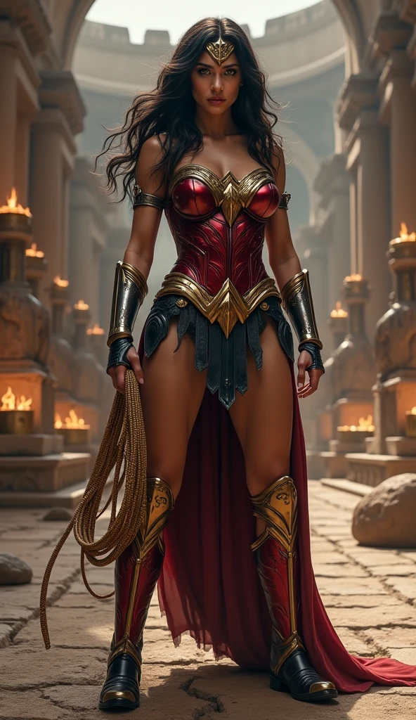 (masterpiece, top quality, best quality, official art, beautiful and aesthetic:1.2), (1girl:1.3), long and curly dark brown hair, extremely detailed, portrait, looking at viewer, solo, (full body:0.6), detailed background, close up, mischievous eyes, (warm summer castle theme:1.1), sorceress, charlatan, smirk, mysterious, walking in courtyard, revealing ((dark red)) sorcerer attire, red knee-length red skirt, off shoulder, straps, long sleeves, loose sleeves, cloak, corset, black leggings, black trousers, black pants, long brown boots, buckles, straps, pouches, magic energy, red fabric, white trim, ((((gigantic breasts, cleavage, skindentation)))), slim waist, slim hips, long legs, medieval (castle exterior:1.1) background, dark mysterious lighting, shadows, magical atmosphere, dutch angle