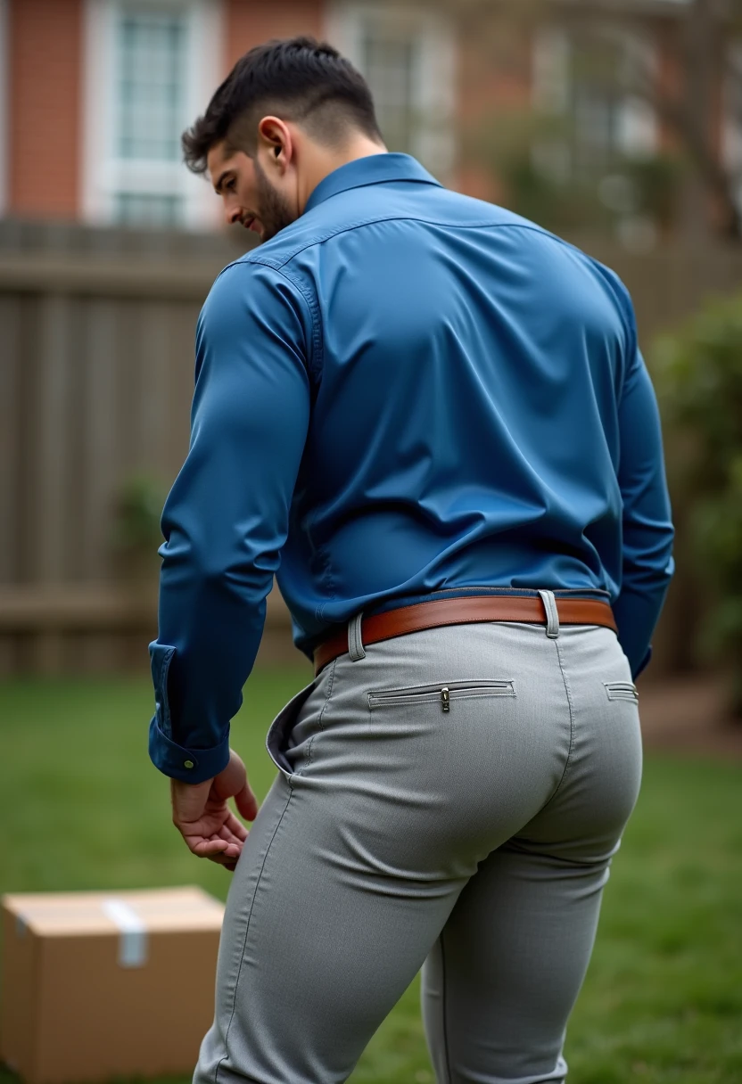 A Hispanic man with a face that looks like Henry Cavill. black man, His body is muscular and he has a toothed beard.. Big Butt, in a moment of reflection. full body. Fajada shirt, semi formal clothing, grey pants, backside.