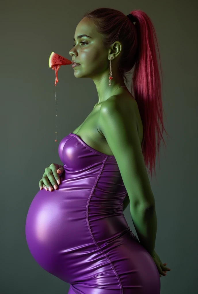 A girl with long orange hair and blue eyes, next to her are peaches and a pregnant belly with blood on it
