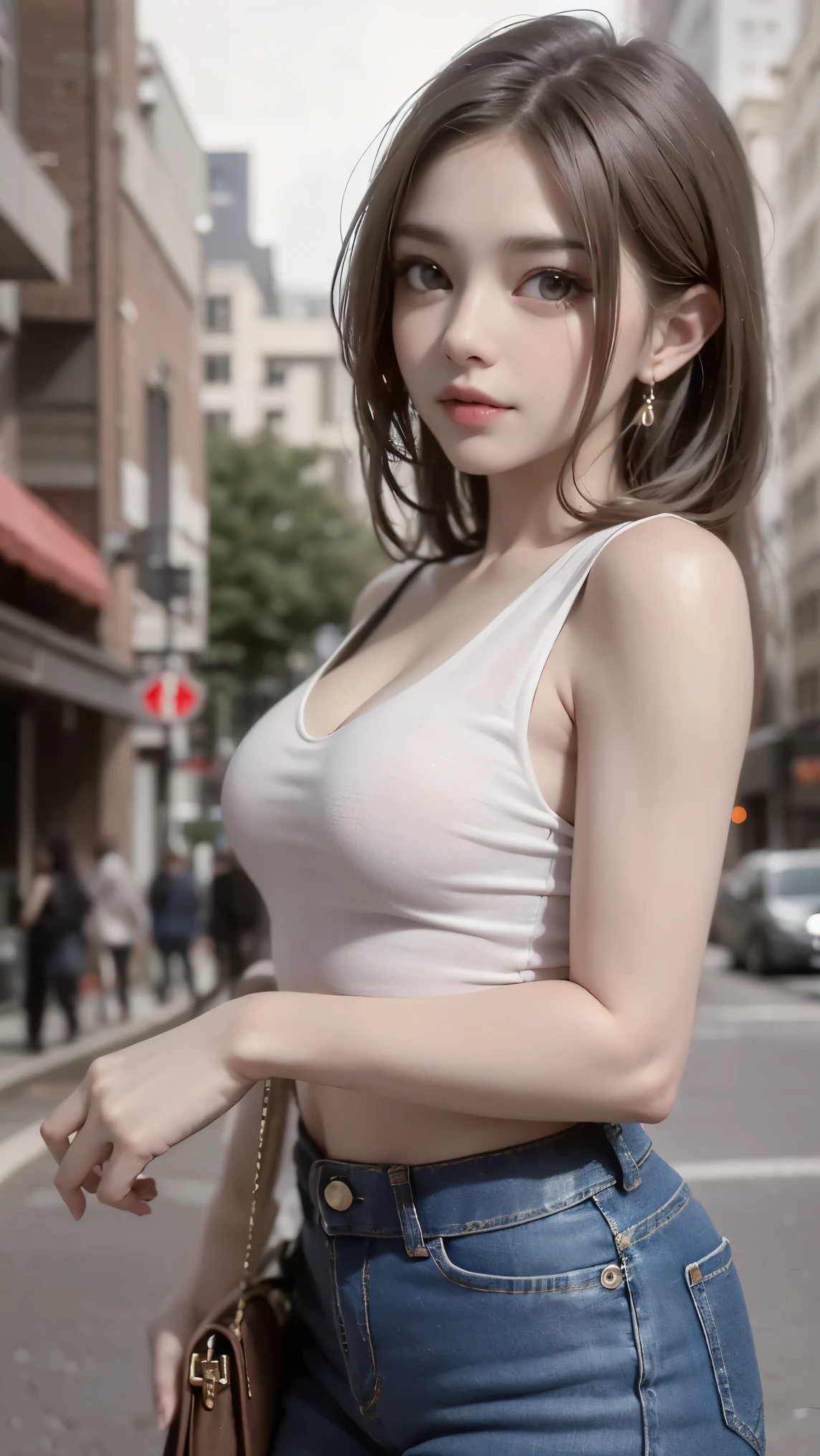 top-quality, 8K, ultra-detailliert, Photorealsitic, close up of face, ​masterpiece, top-quality, hight resolution, dragon balls, whiteshirt、black under wear, Looking here and standing、biologically correct、Opening Mouth、Punch, A dark-haired、low twintails、The eye、Background in the city、Thin eyebrows、Wearing black spats, Writing on clothes, Black fingerless gloves, Large breasts, thick thighs, curvy hips, plein air, cowboy  shot, Best eyes, The best lighting, Best fingers, 5-Fingers