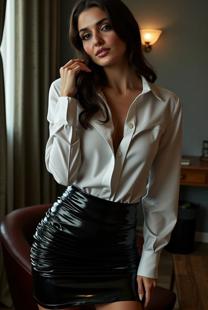 woman with long hair wearing a skirt and silk blouse with detailed seductive alluring eyes in a neutral background, best quality masterpiece, photorealistic, detailed, 8k, HDR, shallow depth of field, broad light, high contrast, backlighting, bloom, light sparkles, chromatic aberration, sharp focus, RAW color photo