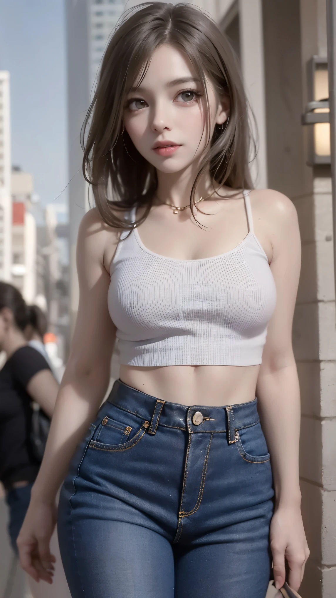 22 year old white female、Hair color is a gradation of brown and purple、eye color is blue、long hair、setting hair、Have a ponytail、accessories on wrist、I&#39;m wearing a choker、skin is smooth、smile、Slender but muscular body、My heart is pounding、My abs are cracked、I can see my bellybutton、high resolution、Skin is shiny、Wearing tops that are cut short below the bust or above the waist、Wearing a flared skirt、wearing high heels、I&#39;m in an alley in the old town、smile、Have a clutch bag