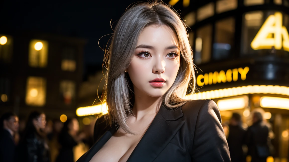 (masterpiece, best quality:1.2), cowboy shot, solo, 1girl, white hair, short wavy hair, purple eyes, average breasts, slender body, light smile, looking at viewer, hands in pockets, formal, suit, (braless), cleavage, black pants, choker, cityscape scenery, street, night light, night time, cigsmoker