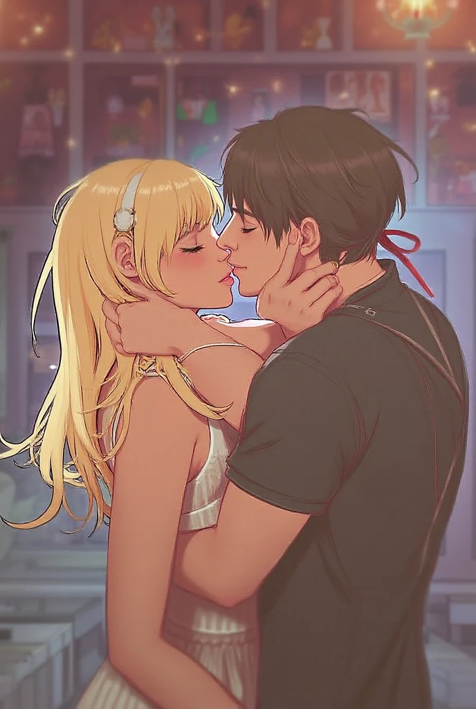 Couple,boy and girl,kissing,face to face,Kiss on the lips,In the living room, (girl with long blonde hair,red dress, short dress, long sleeve dress, knitted dress, eyes closed)(boy with short blonde hair,Green shirt, white trousers, eyes closed, messy hair)