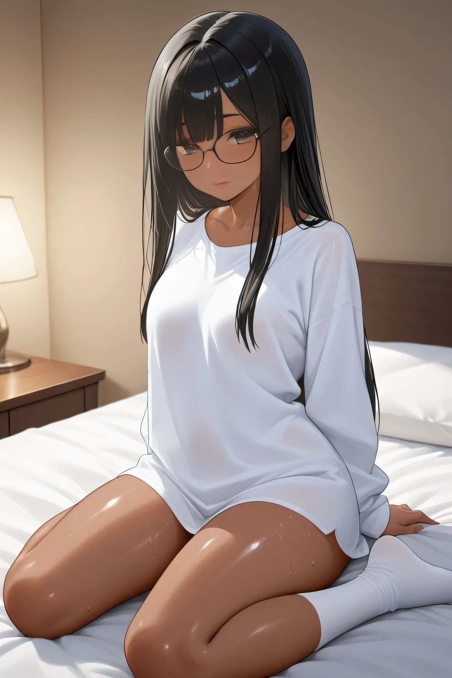 brown indian girl with glasses and long straight black hair white tee with no clothes white socks hd oily no bang straight hair tall petite thick sittting on bed light blush thick thunder thighs no clothes sex 4k (no white shirt) sex shirtless sex horny neutral expression