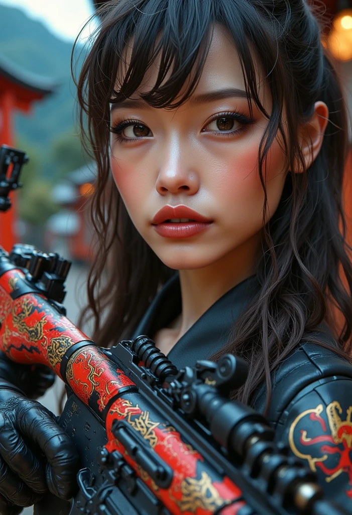 Realism, clarity, high detail, fantasy, portrait, girl, dark hair, brown eyes, plump lips, holding a gun to the temple