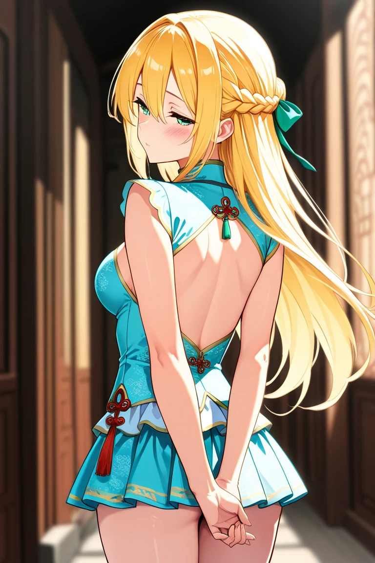 Masterpiece、Highest quality、Super detailed、1 girl、Blonde、Twin tails、Fluffy and soft long hair、Big Tits、Cleavage、Chinese Fantasy Palace、String Panties、Chinese clothing、A chest that looks like it is about to burst、smile、Aquamarine Eyes、No bra、Bare back