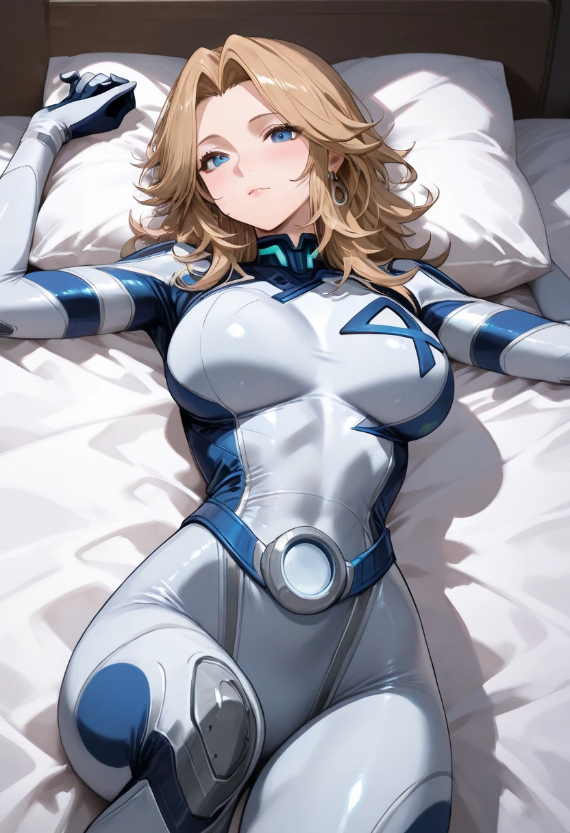 ((orgasm, masuter piece)), Best Quality, ultra -detail, High-quality CG drawing, The most delicate and beautiful, Float softly, hight resolution, Dynamic angles, Dynamic Poses, (1 girl in), (Closed eyes, laying on back in bed ), (Color Timer, Red jewelry with low chest), (Detailed fingers, Detailed hand, Detailed face), Blonde hair, ultraman bodysuit, bed,