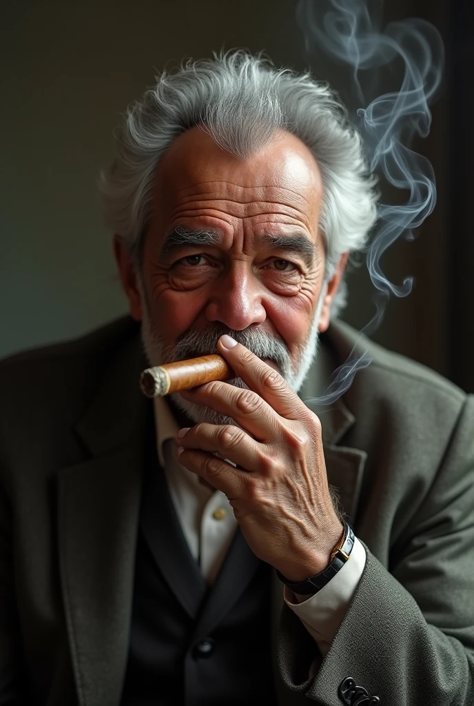old man, (((smoke))), portrait, old photo, [white and black : colored : 0.09], grain, (muted colors:1.5), vignette