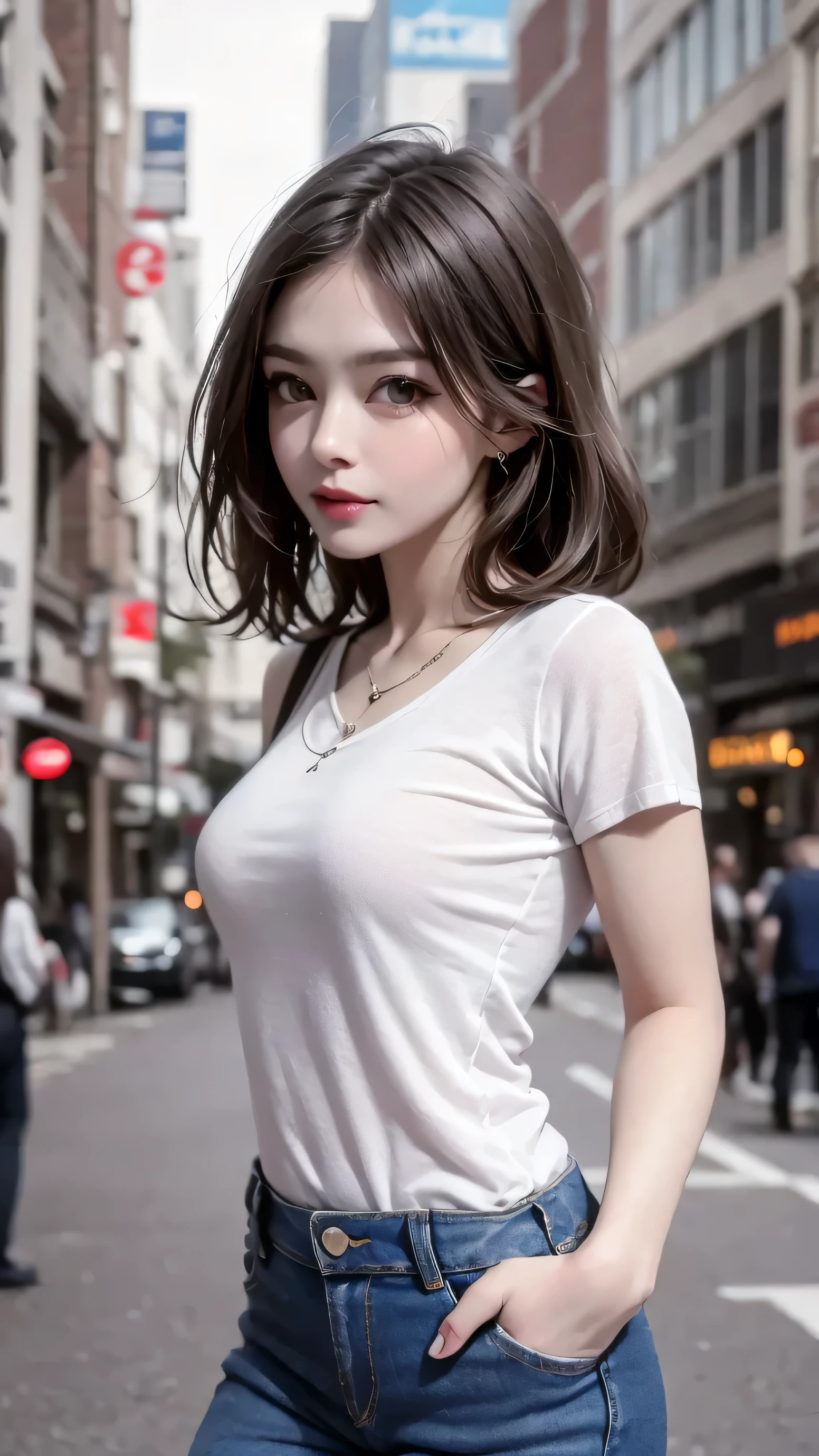 absurdres, RAW photo, extremely delicate and beautiful, masterpiece, Best Quality, ultra high resolution, 32k, hyperrealistic, ultra-detailed, perfect anatomy, super Detailed skin, perfect figure, Super Beauty, Perfect Style, Perfect balance, in her 20s, very small head, very small face, delicate facial features, tearful mole, earring, huge round breasts, medium hair, whole body shot, tight t-shirt, Tight skinny jeans, outdoor,