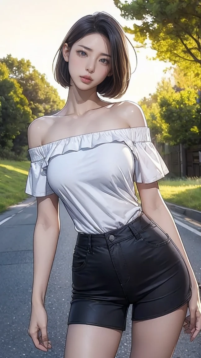 (top-quality、8K、​masterpiece:1.3))、sharp focus:1.2、Beautiful woman perfect body:1.4、Slim abs:1.2、((Bob Hair、:1.2))、(White T-shirt、denim:1.1)、(Sateen、a street:1.2)、wetbody:1.5、Three-dimensional texture、A detailed eye、Brown hair、posterior view