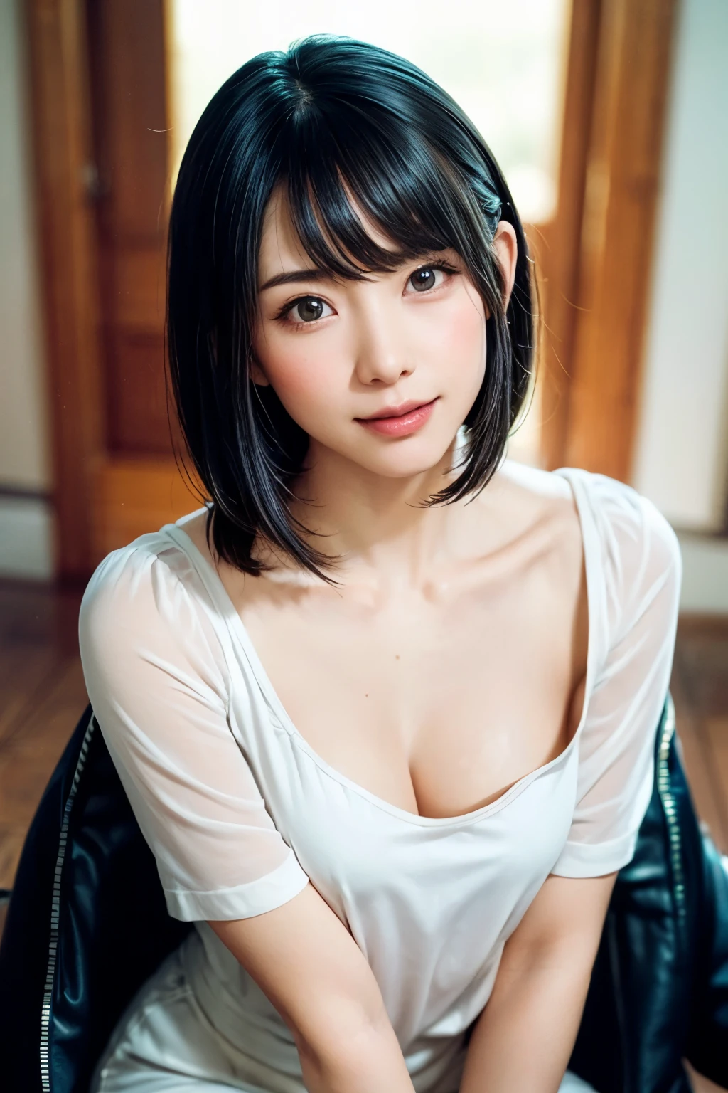 (table top, highest quality、ultra high resolution、very attractive beauty、Adds intense highlights to the eyes、look closely at the camera:1.4、絶対に美しいbangs:1.4、bangsとブルネットのショートボブヘア:1.4),1 girl, alone, black haired, scarf, have,, realistic, looking at the viewer, pale black eyes, short hair, coat, Winter clothes, White headscarf, lips, lip gloss, Upper body、Big eyes、eyelash)、((italian roads、ハイパーrealisticスティック:1.4))、((short hair with bangs:1.4、46ポイントの美しいbangs:2、bangs:2、{Huge|big|Hugeな|mega} chest:2, cleavage:2、Big eyes、Give students very powerful highlights、very bigger chest、look at the audience、very beautiful beauty、please show me your ears、long neck、smile a little、beautiful teeth、open your mouth and smile))、28 years old、very cute super model