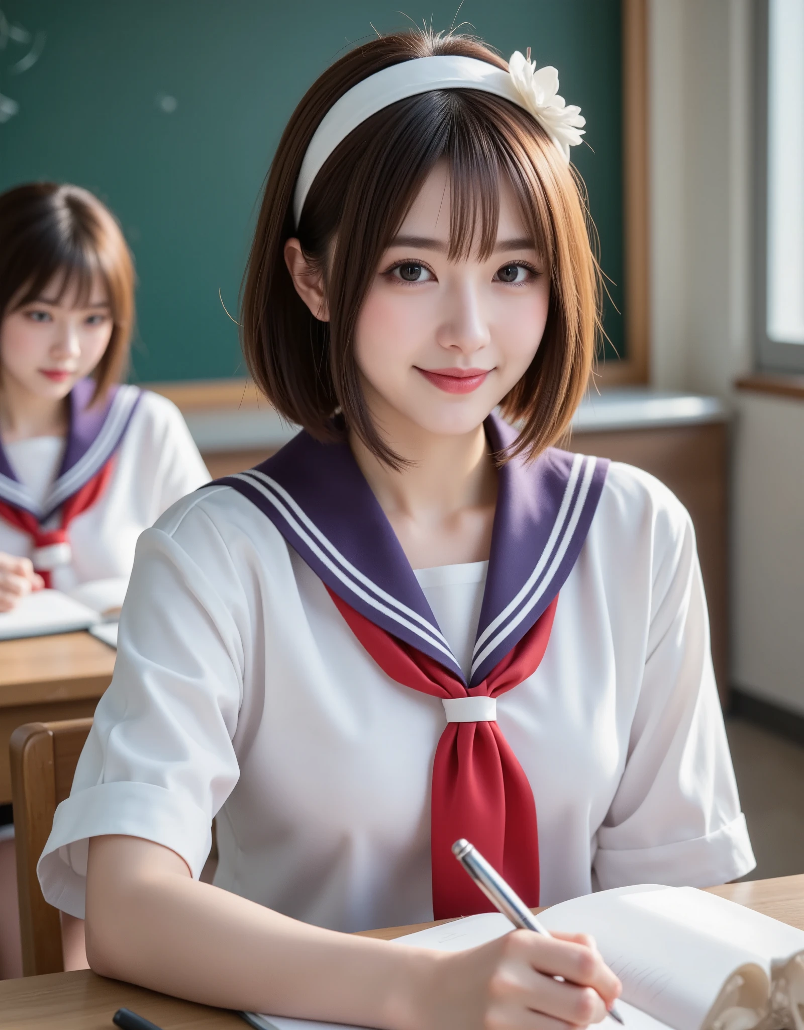 NSFW, (Highest quality), (Ultra-precise CG 16K wallpaper), (Realistic), (High saturation), (Sharp), Beautiful detailed shading, Beautiful natural lighting, Beautiful detailed glow, (Afternoon sunlight), Natural light, Depth of field, (Mature 24 year old woman, One person), (Very beautiful Japanese face), (Side swept straight short bob hair with bangs), (Shiny brown hair), (Sparkling eyes), (C cup size breasts, cleavage), (Beautiful breasts), (Beautiful legs), (Beautiful skin), Beautiful proportions, (The woman is smiling: 1.6), (The woman is looking at me), (The woman is wearing a white sailor uniform with a purple sailor collar and a red scarf), (Wearing a white hairband with a flower), (Pose of holding a pen and writing in a notebook), (Classroom), (Full screen image), (view angle from the woman's head to her chest), (image of a woman seen from the diagonal front), (a woman sitting in a chair writing on a notebook with a pen on her desk),