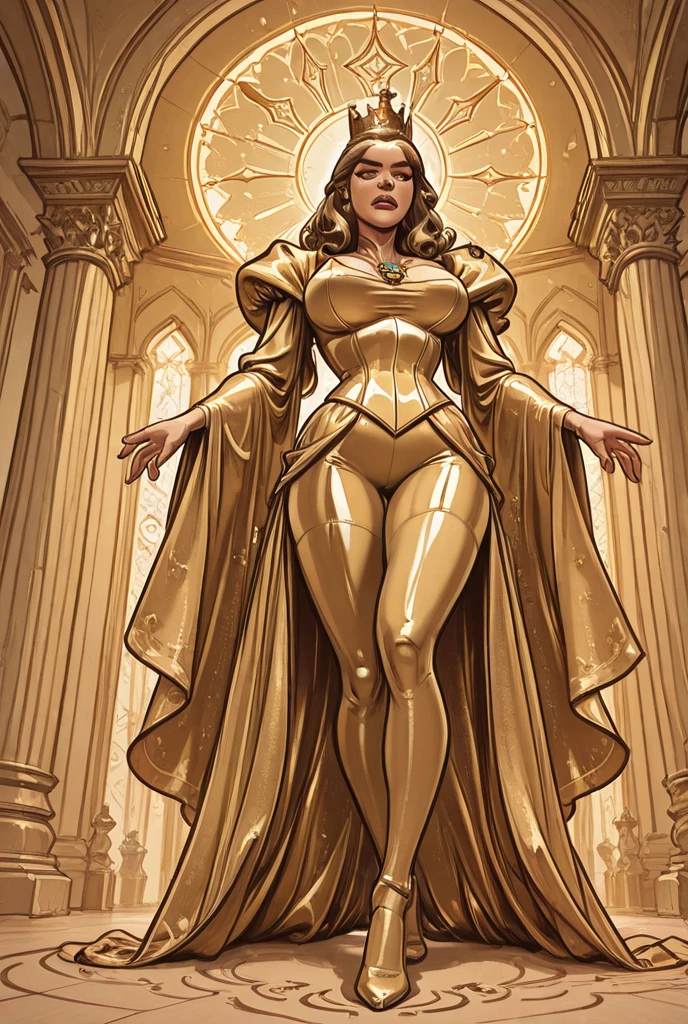 Fairy tale beautiful adult woman, age 40, high quality, best quality,quizzical expression, blonde hair, blue eyes, ornate, <lora:Outfit_AthenaCosplay:0.8> ath3na, crown, full body, dress, from below, cleavage, necklace, cape <lora:Expression_LipBite:1> lip bite, teeth . Magical, fantastical, enchanting, storybook style, highly detailed