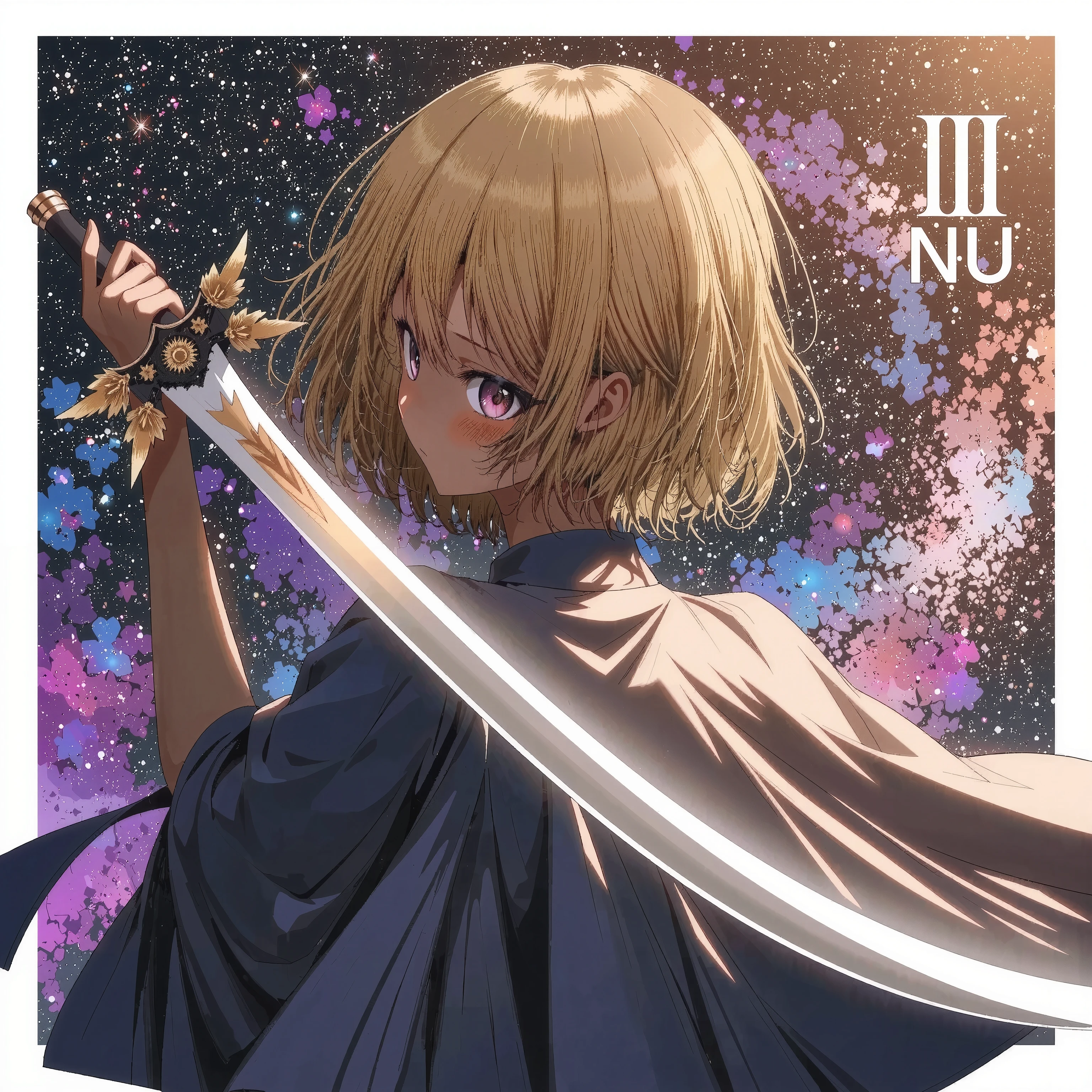 1 GIRL +goddess +A swordsman who uses dark matter +that defies the laws of physics +textured brown skin +Toned Arms、solo、Beautiful glowing cosmic microwave background radiation