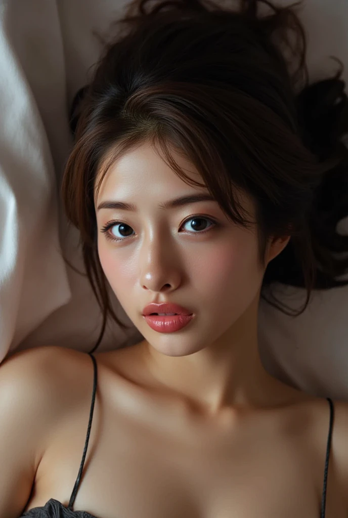 (masterpiece:1.4, best quality), (8k, RAW photo, photo realistic:1.4), (professional lighting, physically-based rendering), shiny skin, extremely detailed skin, extremely detailed face, extremely detailed eyes, detailed background, very cute, big eyes, (beautiful Japanese idol, lying on bed,