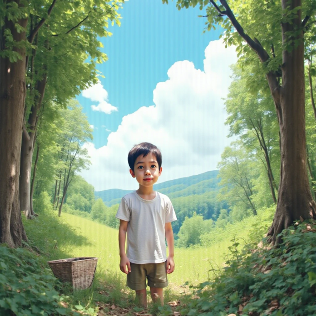 Like the real thing、beautiful photo、The World of Hayao Miyazaki、in woods、Focus on the face、Whole human body、Wearing a white shirt、Black shorts、 5 year old boy、Staring at the screen、