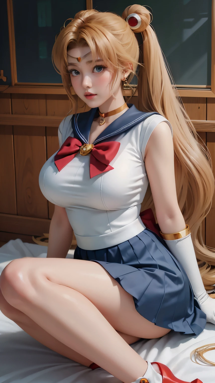 masterpiece, highest quality, High resolution, Realistic, Show more1, Venus 1, One girl, alone, Sailor Warrior Uniform, Sailor Venus, aino minako, Blonde Hair, Magical girl, blue eyes, Orange Skirt, Elbow hand pockets, tiara, Pleated skirt, Hair Ribbon, Orange sailor collar, mini skirt, choker, Red Bow, orange choker, White gloves, Very long hair,  jewelry,  Earrings, Are standing,Arms above head, Angle from below, ((Showing panties:1.3))